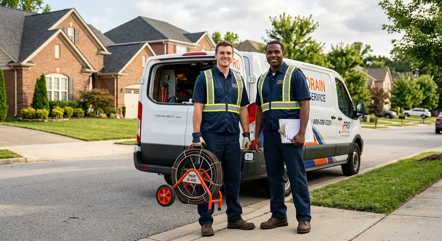 Sewer and drain service team with equipment ready for work in Goshen