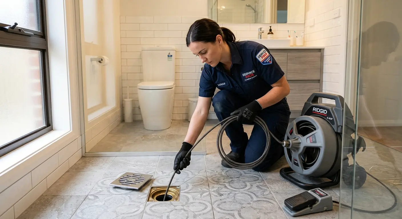 Technician clearing a bathroom floor drain for Drain Repair in Goshen